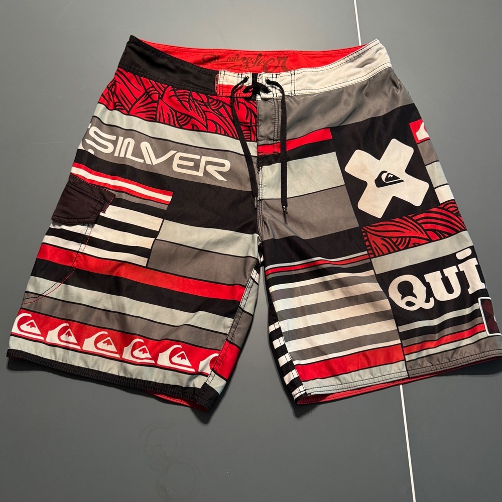 Quiksilver Mens Y2K Board Shorts Red Black Grey Graphic Swim Trunks Size 36